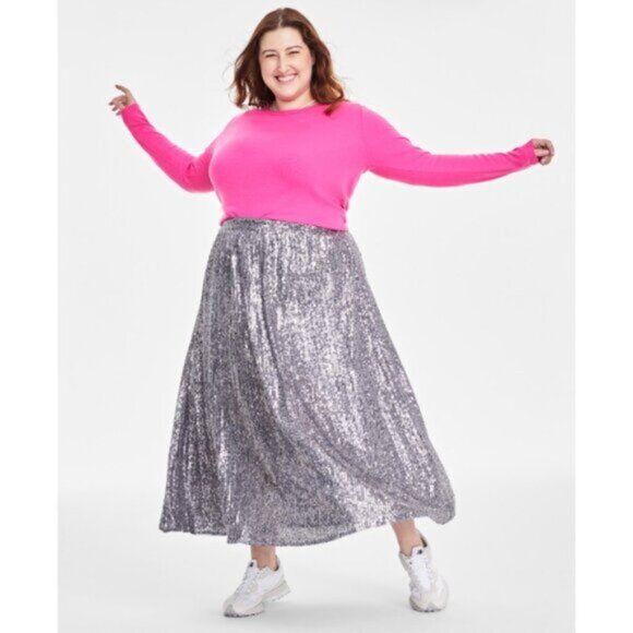 On 34th Plus Size 20W Silver Sequin Pleated Maxi Party Skirt NWT - Picture 2 of 8